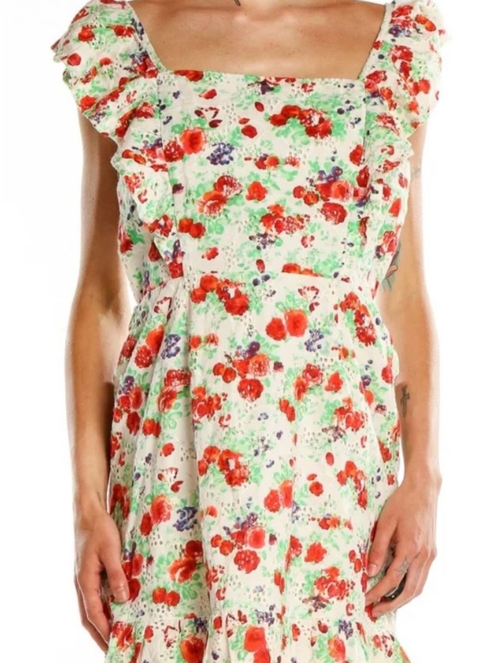 Blue Rain Floral Ruffle Dress White,Red and Green